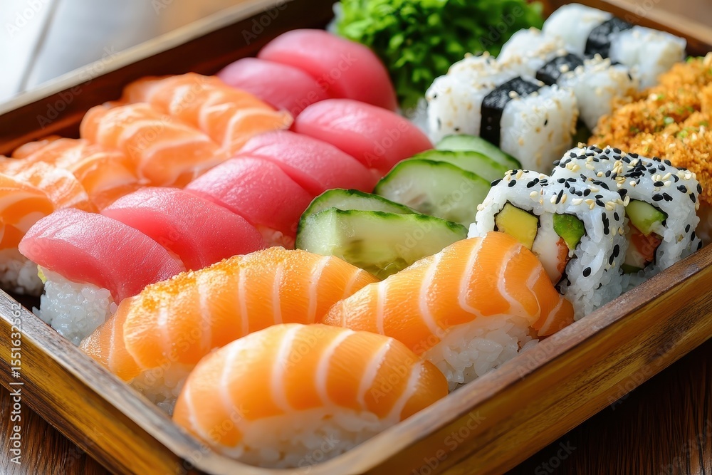 Assorted sushi and rolls are displayed on wooden tray, close-up. Showcase Japanese cuisine, food blogs or restaurant menu designs. Assorted sushi and rolls are displayed on wooden tray, close-up. Showcase Japanese cuisine, food blogs or restaurant menu designs.