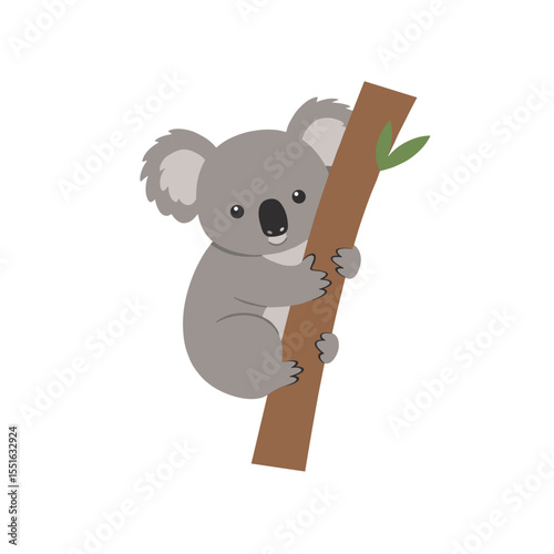 Adorable Koala Bear Clinging to a Brown Tree Branch with Green Leaves.