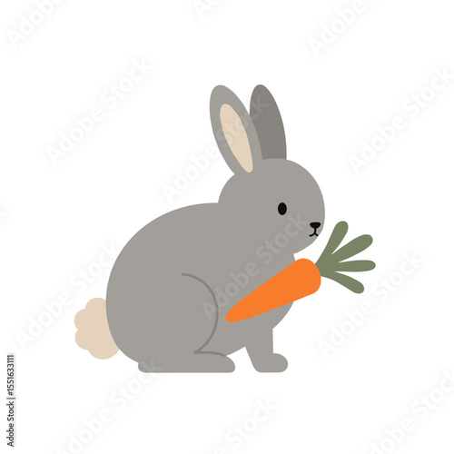 Cute Gray Rabbit Holding a Carrot in Flat Style.