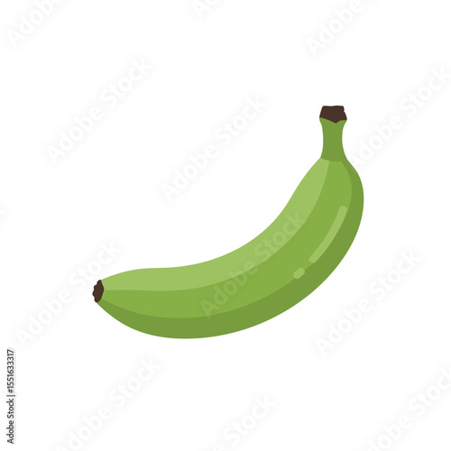 Unripe green banana with brown stem and tip curved shape smooth skin.