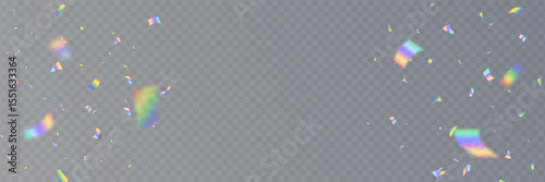 Holographic confetti falling on transparent background. Rainbow light hologram. Prism lens. Shiny festive decor. Crystal texture. Party celebration. Glamour design. Vector Illustration