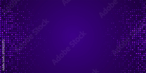 Digital pixel frame. Glowing purple squares on dark background. Abstract tech banner. Finance grid. Business bg. Blue mosaic. Futuristic, tech-style template. Vector Illustration