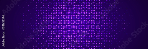 Abstract tech pixel background. Finance grid. Digital frame. Glowing purple squares on dark background. Business bg. Blue mosaic. Futuristic, tech-style template. Vector Illustration