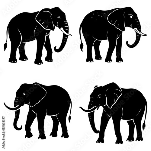 Four elephants stand isolated on white background in silhouette