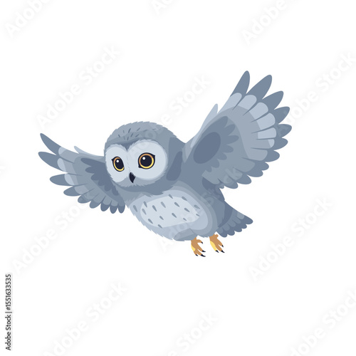 Cartoon owl with gray plumage and yellow eyes in flight wings spread.