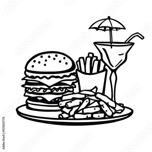 Classic Fast Food Combo – Burger, Fries & Cocktail Drink Vector Illustration on Plate
