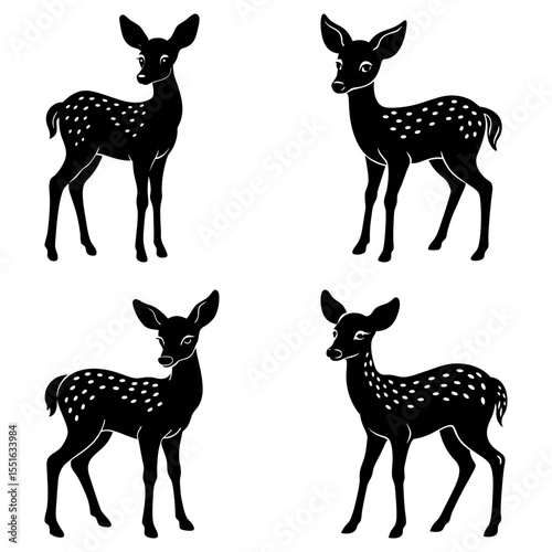 Four spotted deer silhouettes isolated on white background