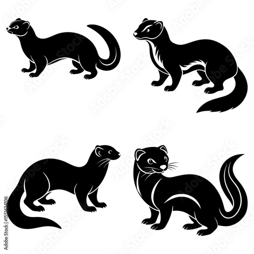 Four ferret silhouettes isolated on white background in different positions