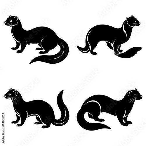 Four ferret silhouettes isolated on white background in different poses