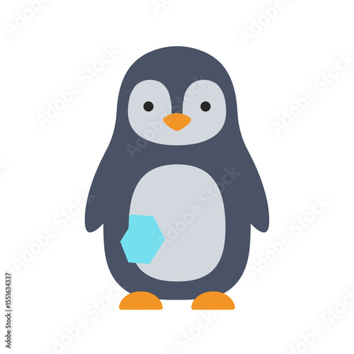 Cartoon Penguin with a Blue Hexagon on its Belly Standing Upright.