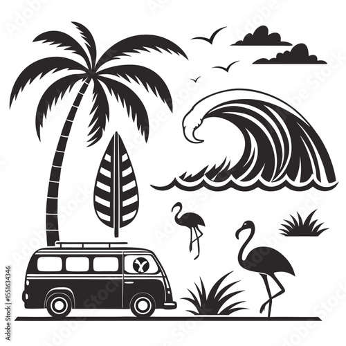 Beach vector set with palm trees, waves, surfboards, a van and ocean elements in a bold black silhouette