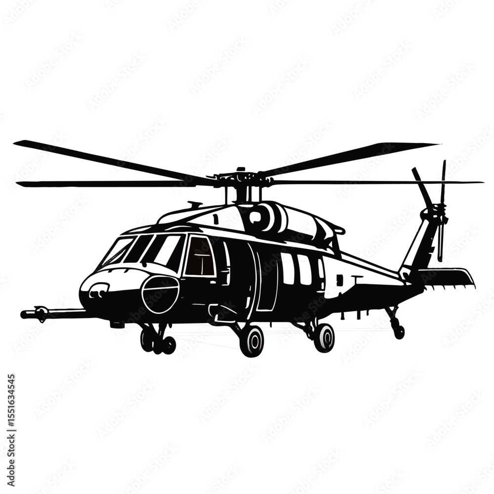 Fototapeta premium Silhouette image of a helicopter on a white background