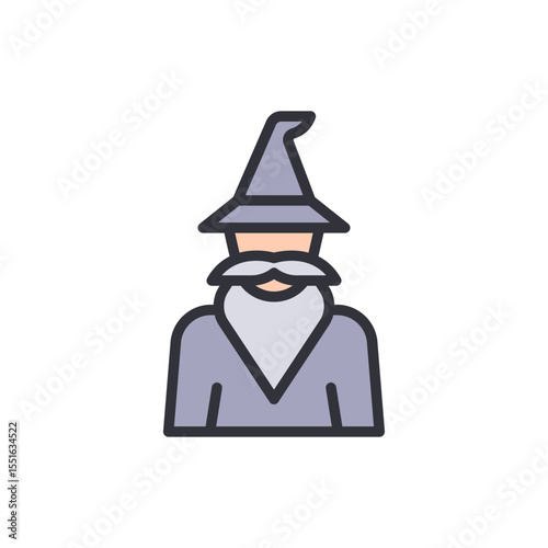 Stylized Icon Depicting A Wizard Character With A Pointed Hat