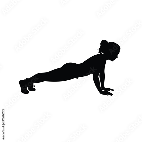 Silhouette of a woman demonstrating a pushup exercise on a white background