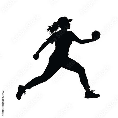 Silhouette of a female softball player in mid throw action sequence