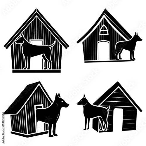 Four dog house silhouettes isolated on white background