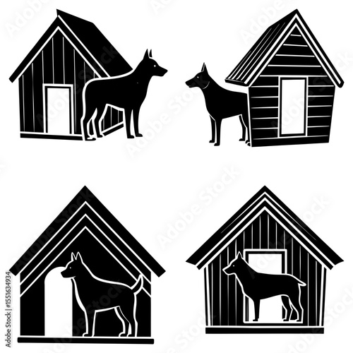 Four dog house silhouettes isolated on white background