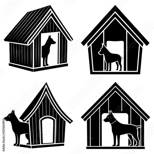 Four dog houses with dogs isolated on white background in silhouette