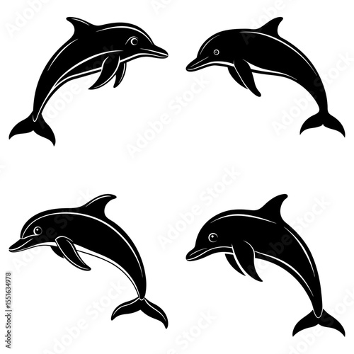 Four dolphins jumping isolated on white background in black silhouette