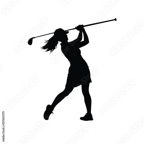 Silhouette of a woman golfing in mid swing with a golf club