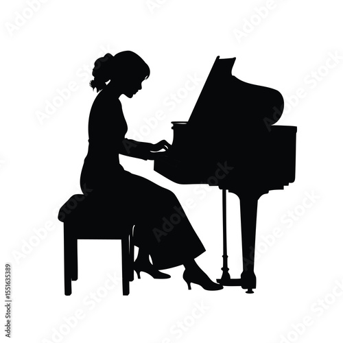 Silhouette of a woman gracefully playing a grand piano in concert setting