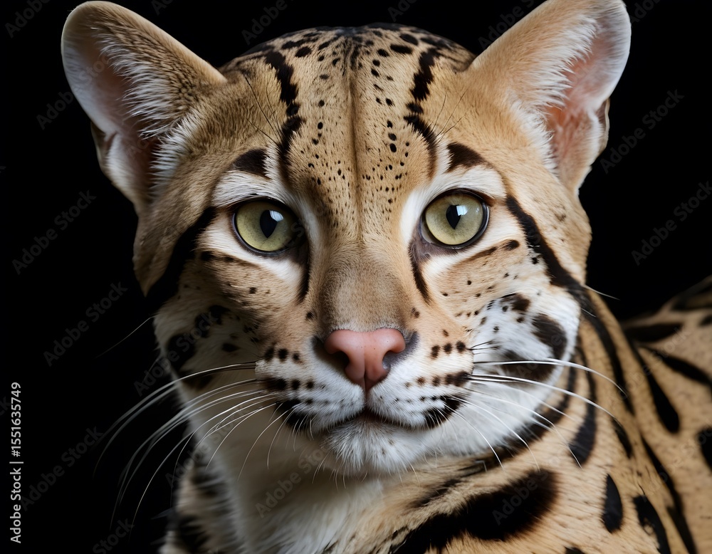 Obraz premium Ocelot Close-Up on Black Background. Perfect for wildlife, zoological, educational, and conservation-related visual content.