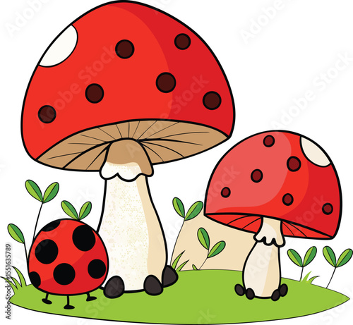 fly agaric mushroom in forest cartoon vector illustration with red cap and white spots on green grass background