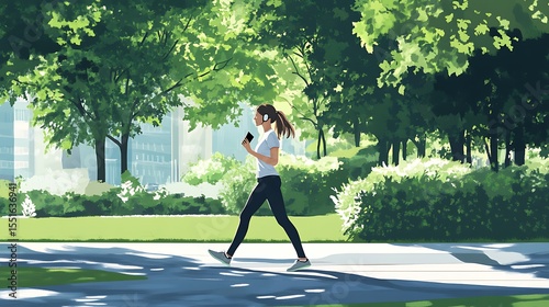 Morning Stroll in the Park: A Serene Illustration of a Woman Jogging