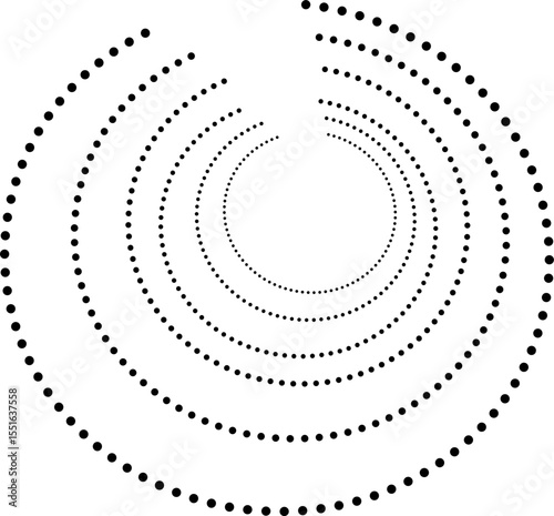 Abstract geometric pattern of concentric blue dotted circles with a radial gap. Futuristic, hypnotic design ideal for science, tech, or digital art-themed visuals.