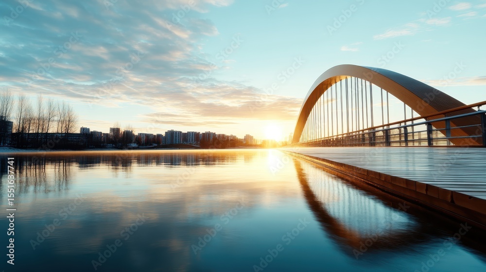 Naklejka premium This stunning sunset view features a gracefully arched bridge reflecting in calm waters, creating a serene atmosphere that evokes tranquility and appreciation for nature's beauty.