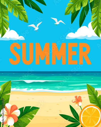Summer Poster with Vibrant Colors and Beach Elements, Representing Seasonal Vibes