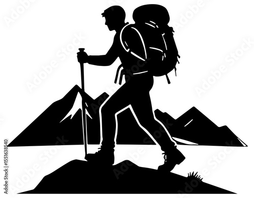 Hiker with backpack silhouette, isolated 
