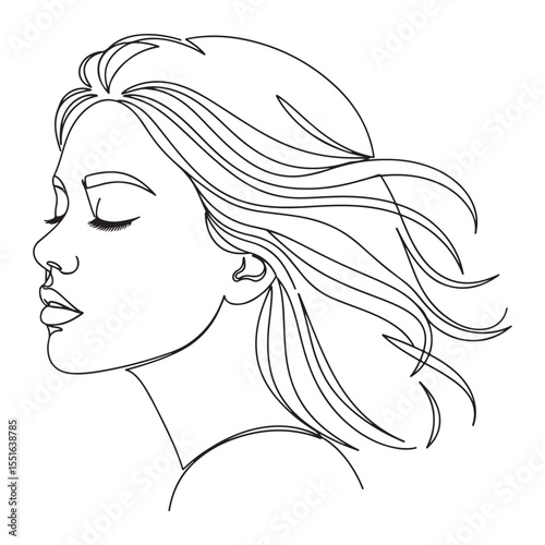 Woman face profile line art with flowing hair drawing