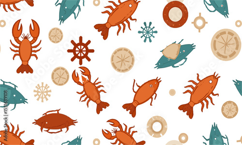 A seamless nautical seafood-themed vector pattern featuring stylized marine elements, lobsters, crabs, shrimp, oysters, clams, and squid rings. Include additional nautical symbols, easily editable.