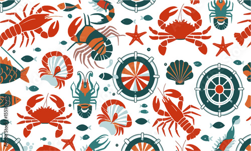 A seamless nautical seafood-themed vector pattern featuring stylized marine elements, lobsters, crabs, shrimp, oysters, clams, and squid rings. Include additional nautical symbols, easily editable.