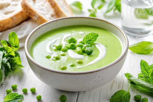Creamy Pea Soup with Fresh Mint. A rustic bowl filled with vibrant green pea soup garnished with fresh mint leaves, cream, and peas.