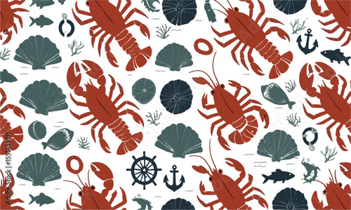 A seamless nautical seafood-themed vector pattern featuring stylized marine elements, lobsters, crabs, shrimp, oysters, clams, and squid rings. Include additional nautical symbols, easily editable.
