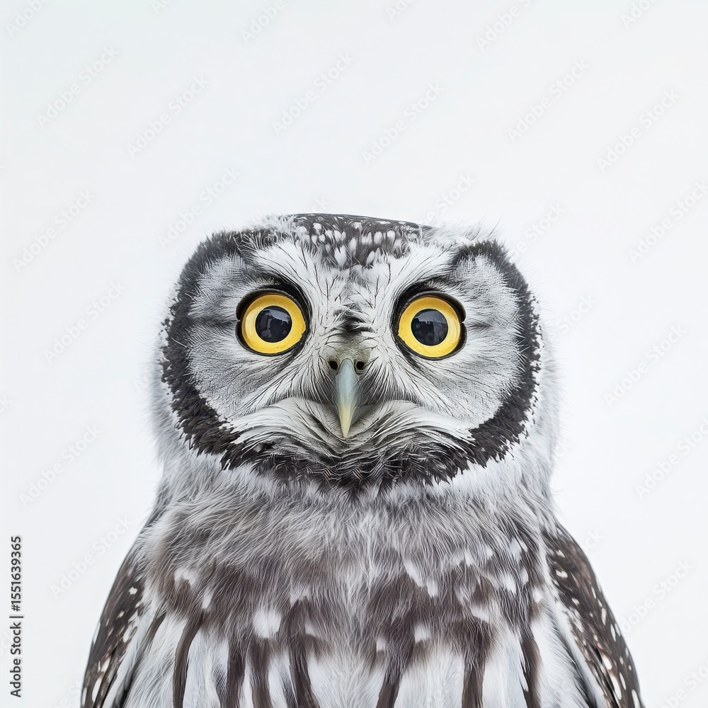 Fototapeta premium Closeup Portrait Of A Gray Owl Against A White Background