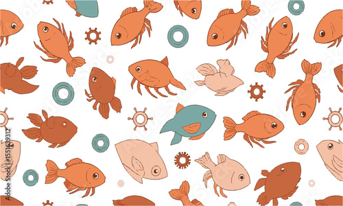 A seamless nautical seafood-themed vector pattern featuring stylized marine elements, lobsters, crabs, shrimp, oysters, clams, and squid rings. Include additional nautical symbols, easily editable.