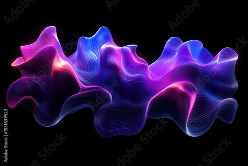 Abstract glowing purple and blue waveform on a black backdrop. Use for tech, future, science, design, or vibrant background needs.