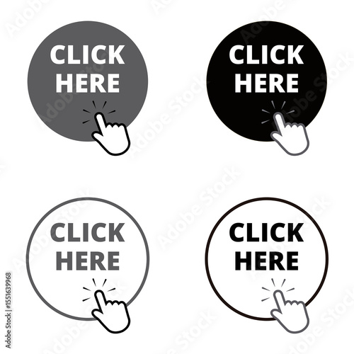 Black and gray click here round button with a hand clicking on a white background