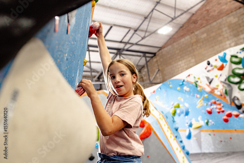 Young girl holding on the bouldering wall's climbing holds