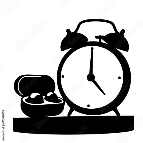 Silhouette of clock and wireless earbuds on nightstand, morning routine essentials