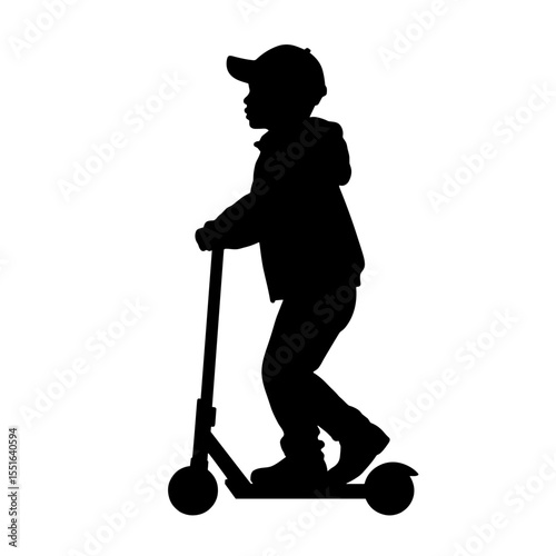 Silhouette of child riding scooter on white background, urban mobility fun