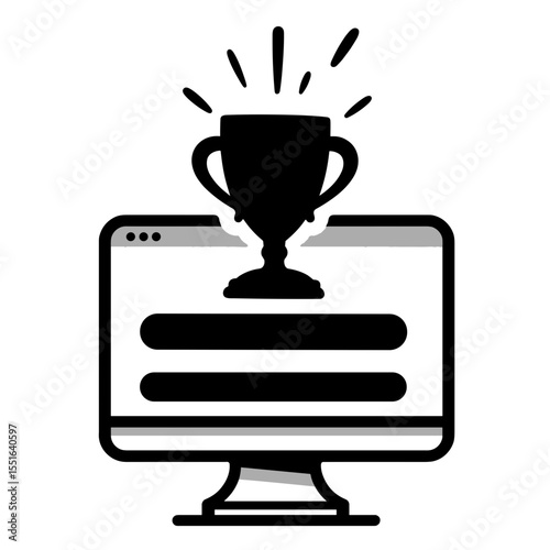 Trophy silhouette on computer screen, digital achievement reward concept