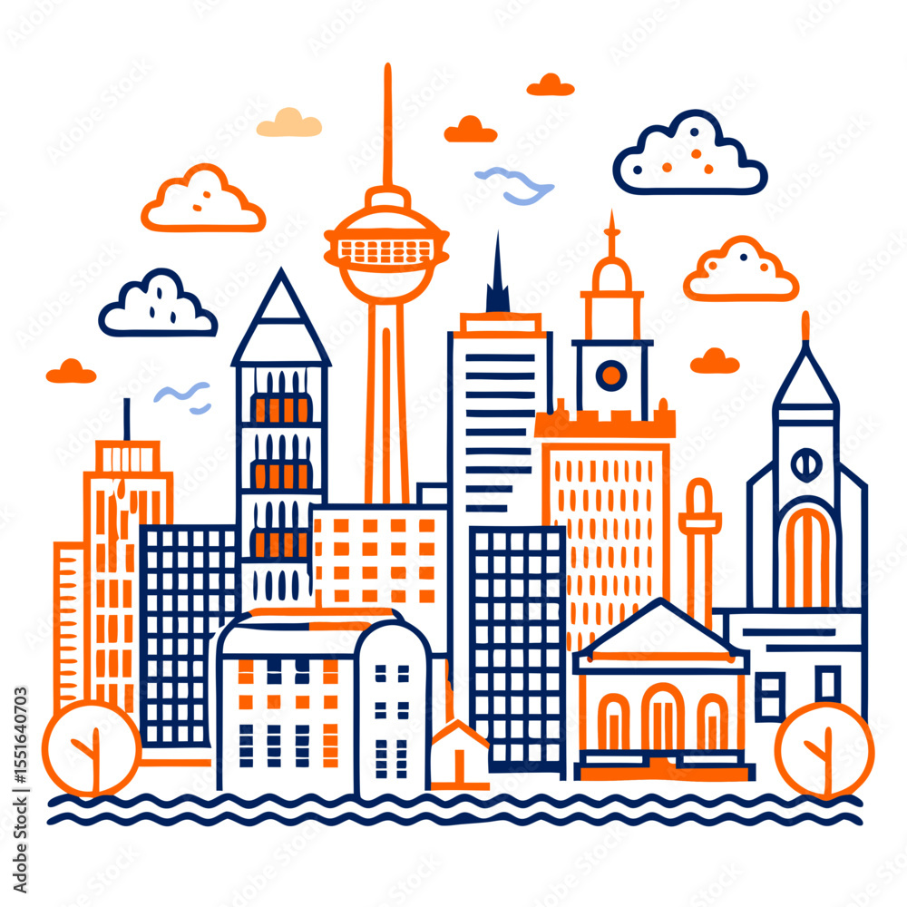 Fototapeta premium Urban skyline illustration with buildings and clouds in orange and blue 