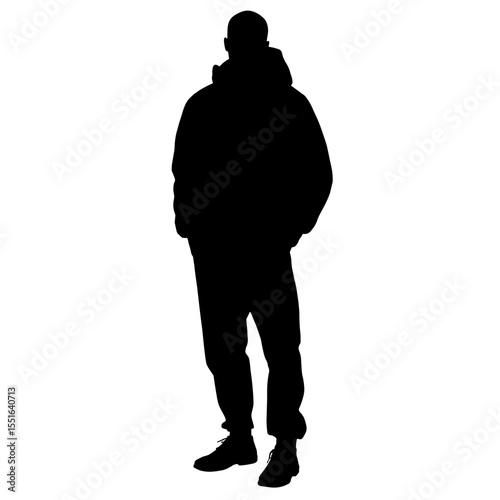Silhouette of man in puffer jacket on white background, winter fashion style