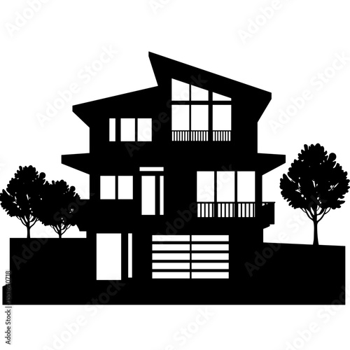 Silhouette of modern house with garage and trees, architectural urban dwelling design