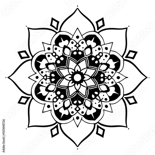 Intricate black and white mandala design with floral elements  