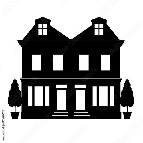 Silhouette of symmetrical townhouse with planters on white background, urban elegance copyspace